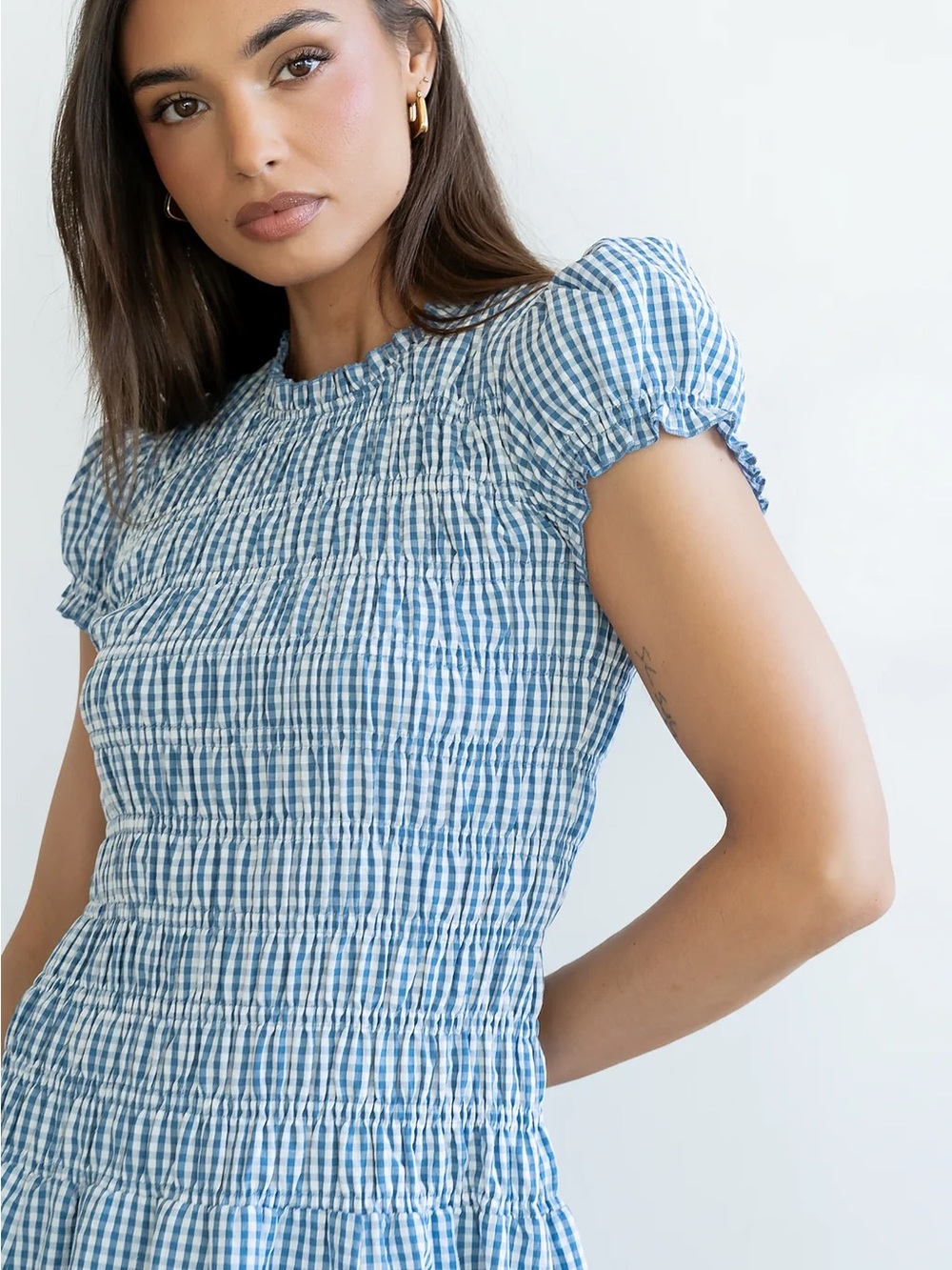 NWT bohme Blue & White Gingham Smocked Midi Dress